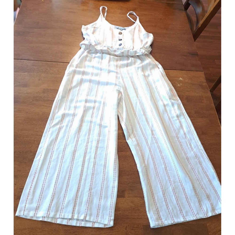 J.Gee Wide Leg Jumpsuit‎ Women's S Striped White Beige Casual Boho Summer